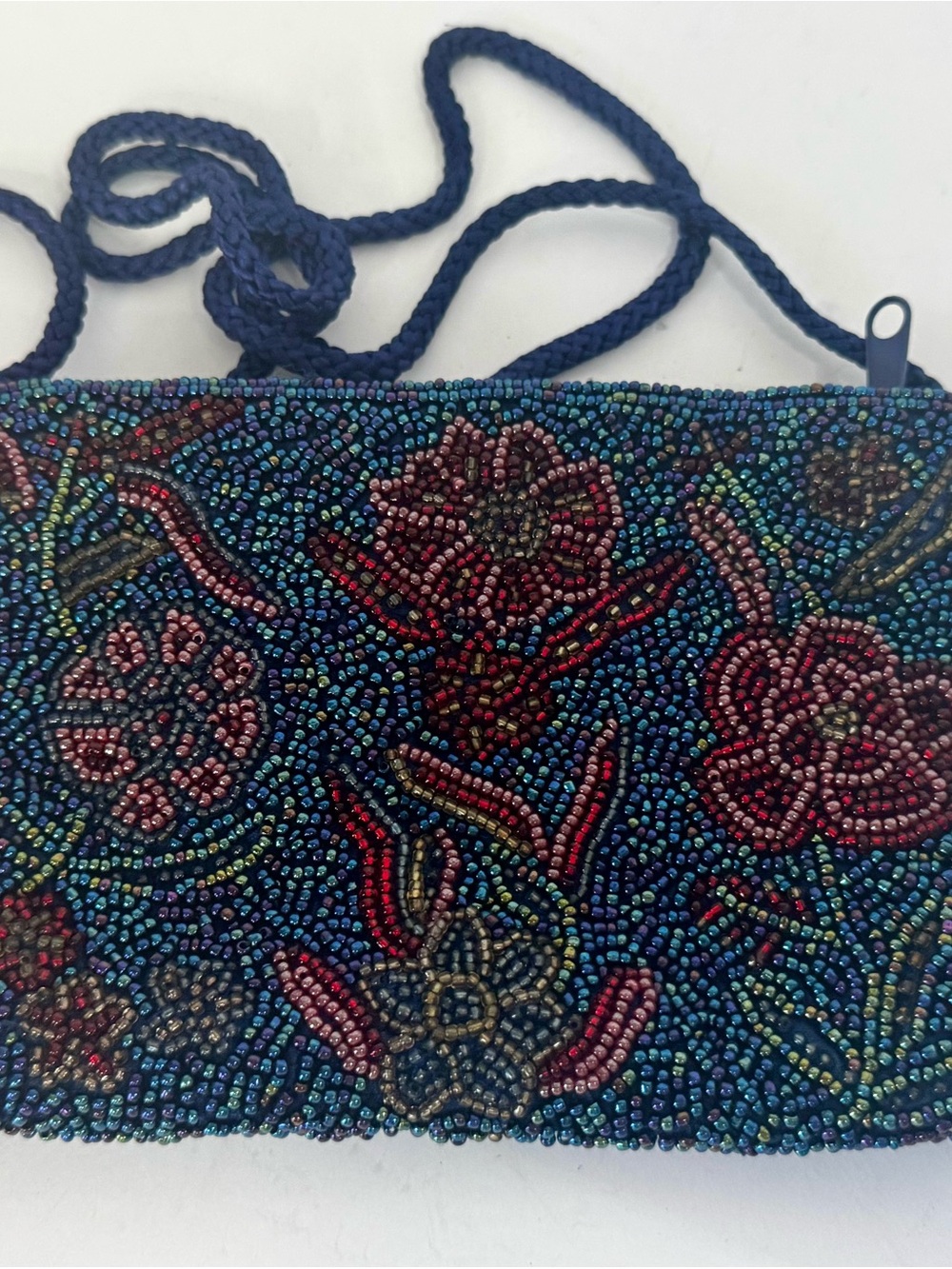 Vintage Beaded Floral Wristlet Evening Bag in Navy Multicolor